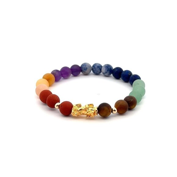 18K Gold Dragon Pixiu Piyao Lucky Charm Beads Bracelet Gemstones Matte Chakra 6m